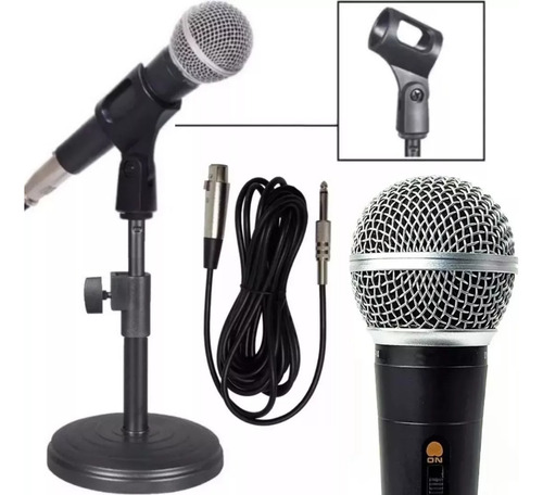 Kit Microfone Profissional Com Fio + Suporte Tripé Pedestal