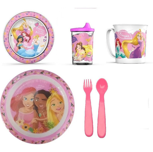 Princesas Combo Set Plato Playo+bowl+vaso+jarro Y Cubiertos 