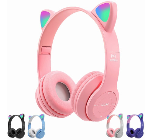 Audífonos Bluetooth 5.0 Luminoso Gato Diadema para Niños y Adultos, Gamer Audífonos Inalámbricos P47 Con Luz Led Plegable Carga USB Rosa