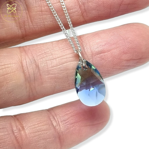 Imagen 5 de 7 de Cadena Plata Con Dije Gota Cristal Swa Azul/verde 10 X 16mm