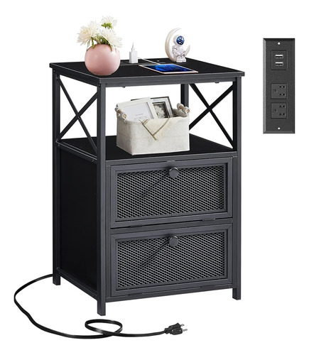 Mesa Vecelo Black End Con Puertos Usb Y Tomacorrientes, Mesi