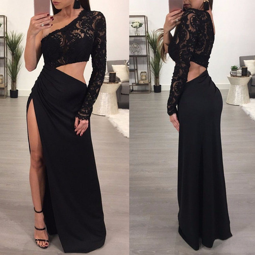 Vestido Negro Fashion Sexy Una Manga Abertura En Pierna Cock