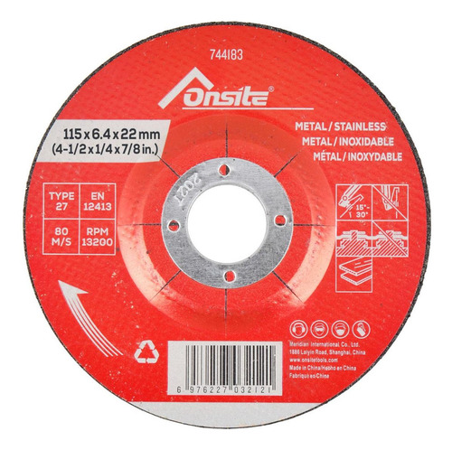 Disco De Desbaste P/ Metal E Inox 4.1/2''x1/4' X7/8'' Onsite