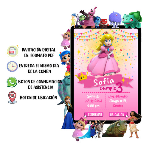 Invitación Digital Infantil Pdf Botón Confirmación Ubicación Princesa Peach