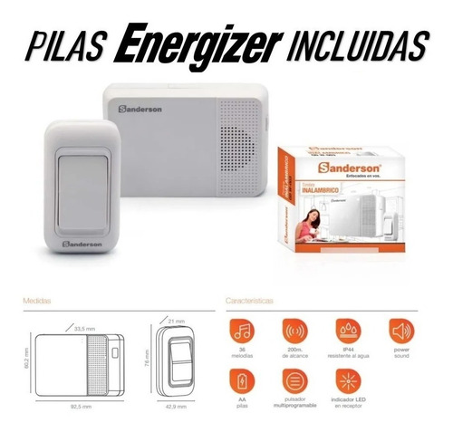 Imagen 2 de 9 de Timbre Inalámbrico 200 Mts 36 Sonidos Pilas Incluidas