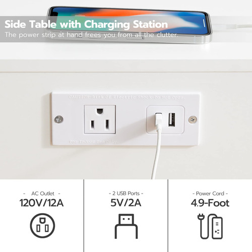 Mesita De Noche Con Carga Y Puertos Usb Blanco Dorado