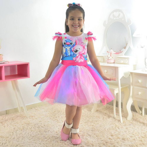 Vestido Stitch E Angel - Saia Tutu Colorido Com Led