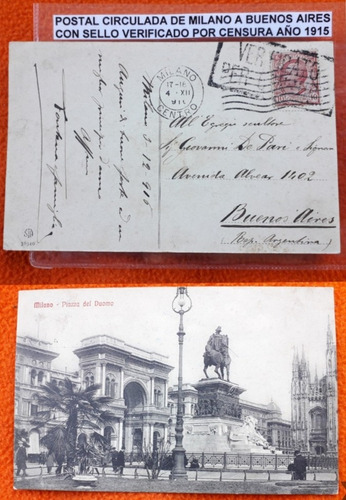 Postal De Milan Italia Sello Censura Año 1915 A Buenos Aires