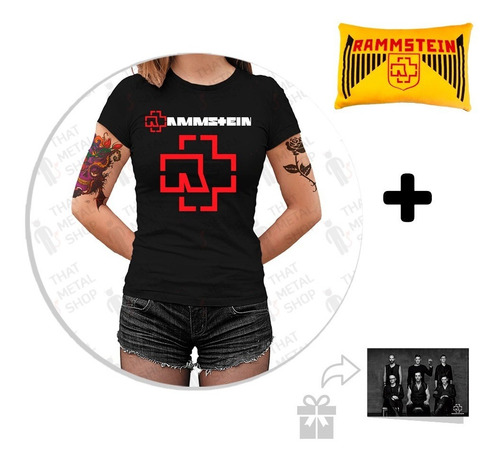 Imagen 1 de 10 de Kit Playera Dama Rammstein Logo 2000 + Peluche + Sticker