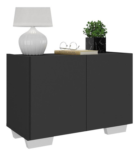 Mesa De Cabeceira Com Pés 2 Portas Multimóveis Mp4134 Acabamento Finish foil Cor Preto/Branco