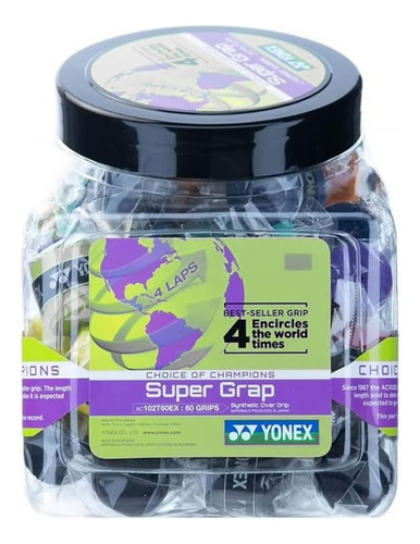 Yonex Super Grap Tenis Overgrip Cubo De 60 Piezas, Colores S