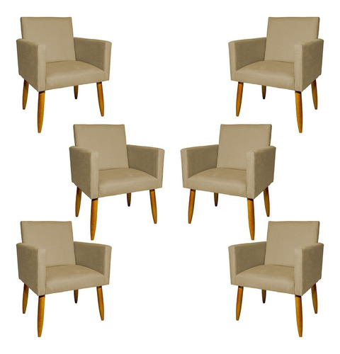Kit 6 Poltronas Decorativas Para Sala Cadeira Pé Castanho Cor Nude Desenho do tecido Suede