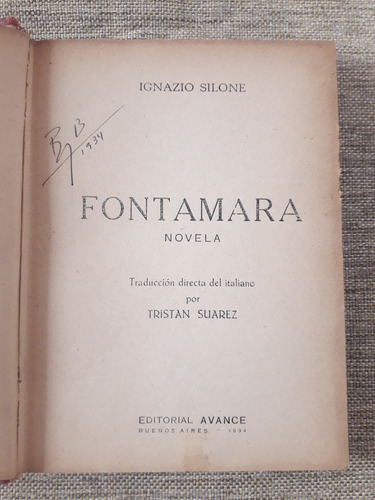 Fontamara - Ignazio Silone Edición 1934 Ed. Avance Tapa Dura