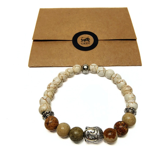 Pulsera De Hombre Piedra Marfil Y Jaspe Madera + Dije Buda