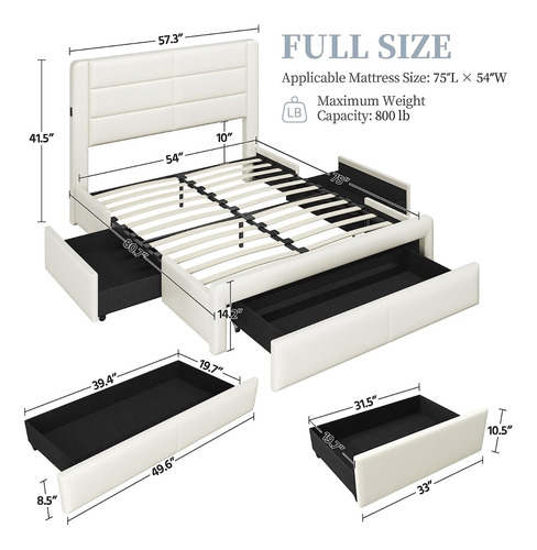 Base Cama Matrimonial Moderno C/ Cabecera Hogar Usb Crema