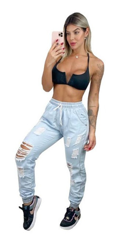 Calça Feminina Jogger Jeans Destroyed Cintura Alta Blogueira