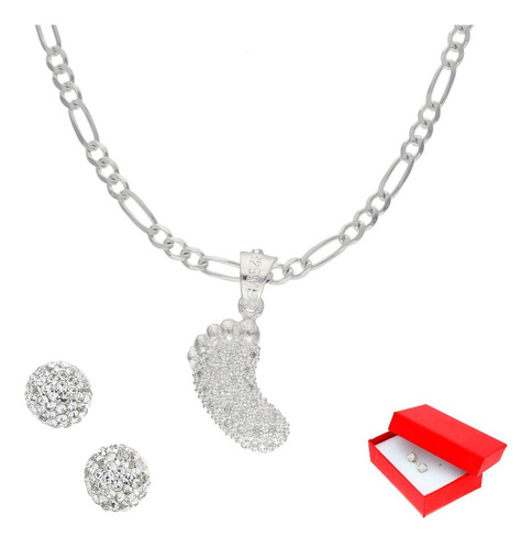 Juego De Plata Dije De Pie Y Cadena + Aretes De Color Plateado