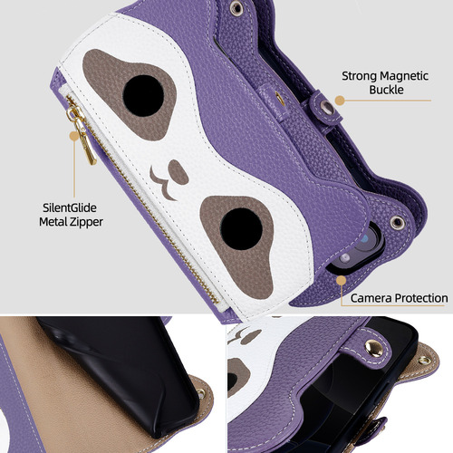 Funda Para Mujer Moto G55 5g Little Raccoon Wallet Con Ranura Para Tarjetas, Espejo De Maquillaje, Correa De Mano, Correa De Hombro, 6 Colores