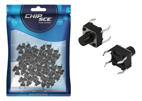 100x Chave Táctil 4 Terminais 6 X 6 X 7mm - 180ºgraus