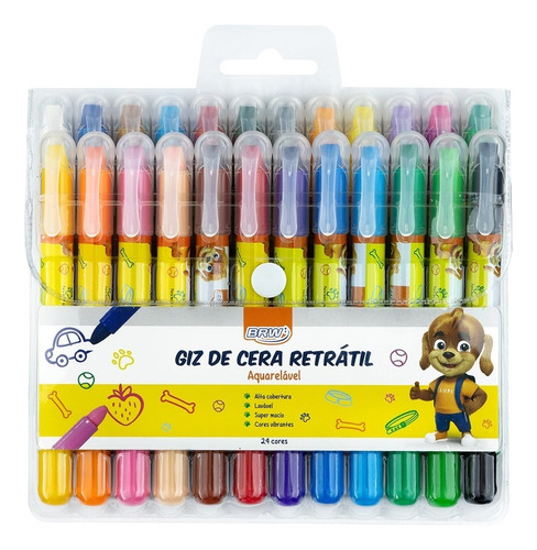 Kit Estojo 24 Giz De Cera Retrátil Coloridos Escolar Brw