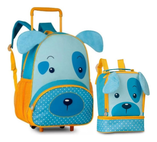 Mochila Rodinha Escola 15  + Lancheira Cachorro Azul - Clio