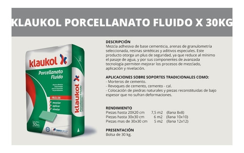 Pegamento Klaukol Porcellanato X 30kgs Fluido Caba