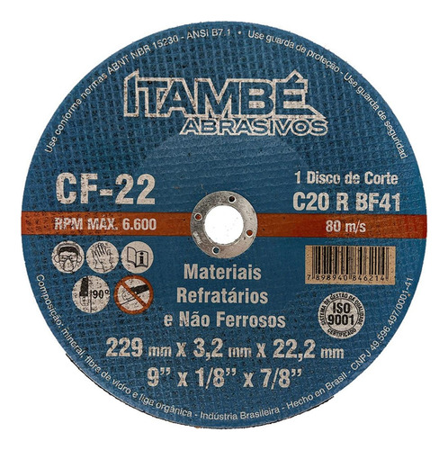 Disco Corte Refratario Itambe 9 X1/8 X7/8 - 2 Telas Cf-22