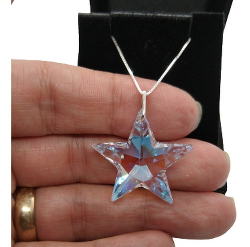Colar Estrela Cristal Swarovski Blue Ab 2,8cm Em Prata 925