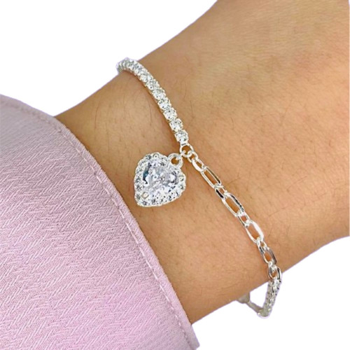 Pulsera Forcet Con Corazon Halo Piedras Blancas Plata Ps 319