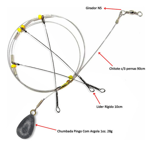 Kit 2pçs Chicote Pesca Mar Com 3 Pernadas E 1 Chumbada
