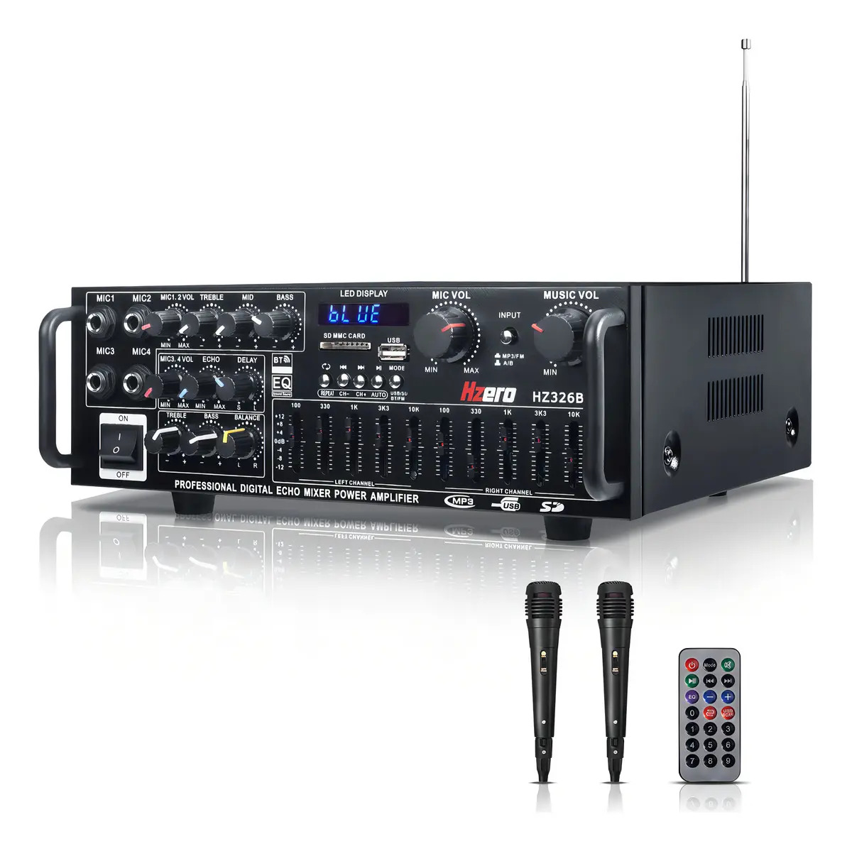 Amplificador de Audio Bluetooth Hzero HZ326BT 2.1 2000W Pico para Casa Karaoke con 2 Micrófonos