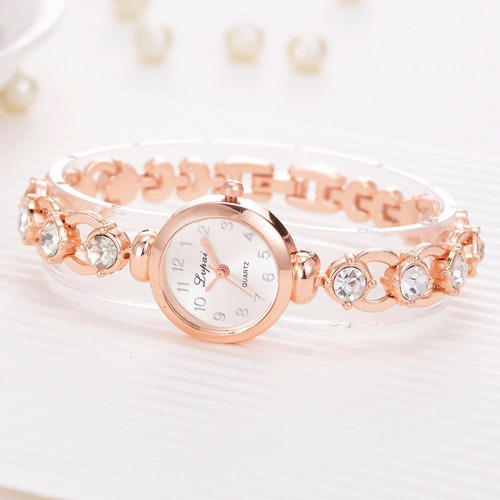 Relógio Dourado Feminino De Pulso Quartz Pulseira Com Pedras