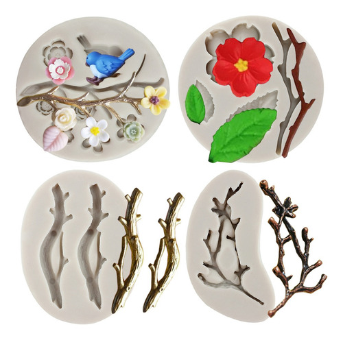 4pcs Molde De Silicona Rama Cerezo En Flor Pájaro Fondant Color Gris
