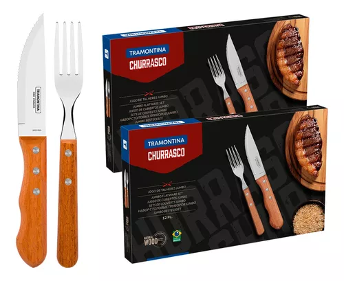 Kit Jogo Churrasco 12pçs Garfo Faca Tramontina Inox Madeira