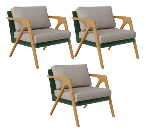 Kit 03 Poltronas Pietra Facto Verde Musgo Linho Bege Desenho Do Tecido Liso
