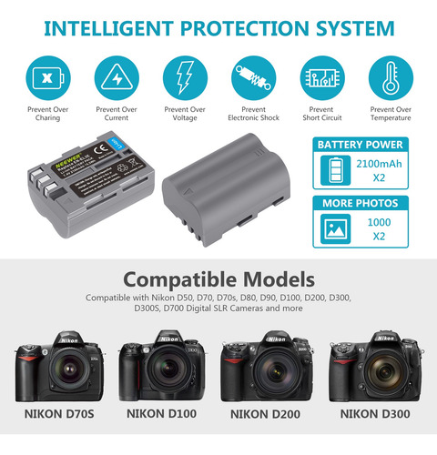 Neewer En-el3e 2x Batería Y Cargador Para Nikon D90 D80 D70