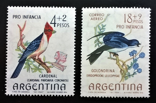 Argentina Aves Serie Gj 1291-2 Pro Infancia 1964 Mint L12357