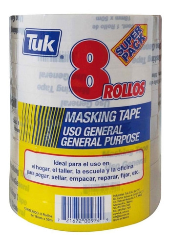 Masking Tape Tuk Paquete Con 8 Piezas De 50 Metros 18 Mm