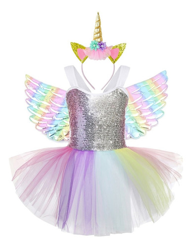 Imagem 1 de 10 de Vestido Fantasia Infantil Unicórnio Arco-íris Aniversario