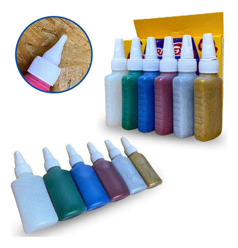 Cola Glitter Brilho 6 Cores 25g Efeito Relevo Bico Aplicador