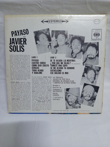 Lp Javier Solís Payaso Album Mexicano D 1965 Primera Edición Estándar (Usado)