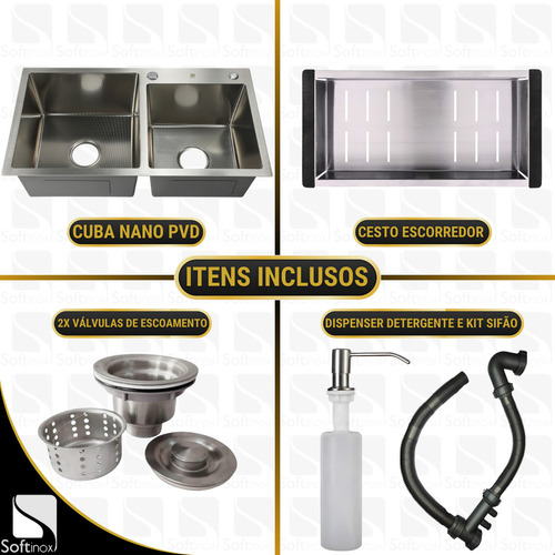 Cuba Dupla Gourmet Cozinha Inox 304 Anti Risco Nano PVD Escovada 78x43 cm Completa Com Acessórios Soft Inox