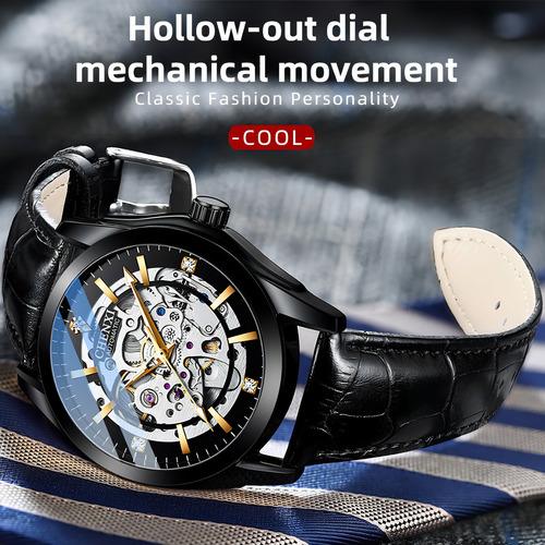 Reloj Clásico Mecánico Chenxi Leather Diamond Color De La Correa Negro