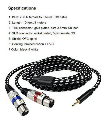 Cable De Micrófono Estéreo Doble Xlr Hembra De 10 Pies A 3,5