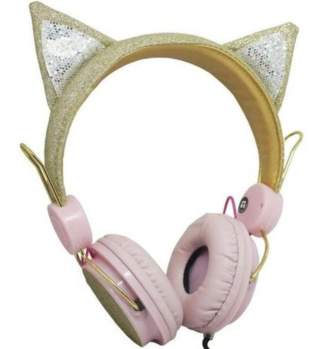 Fone De Ouvido Com Fio P2 De Gatinho Glitter Dourado Rosa