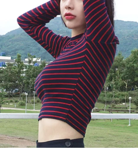 basura Acostumbrados a instante Crop Top Camiseta Corta Rayas Manga Larga Mujer Moda Coreano