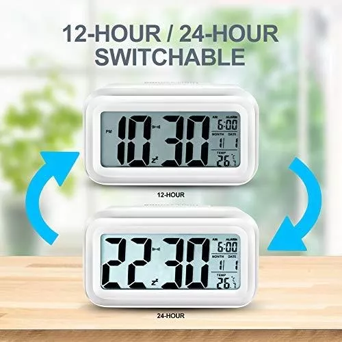 Reloj despertador digital inteligente con botón de repetición de fecha y  temperatura en la parte superior, funciona con pilas, reloj de escritorio