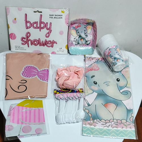 Kit Decoración Baby Shower Niña, Elefante Para 12 Personas.