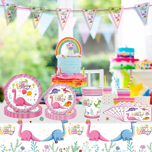 Vajilla De Fiesta De Dinosaurio Rosa Para 10 Personas