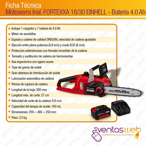 Imagen 8 de 9 de Motosierra Inalambrica Brushless 30cm Einhell Bateria 4 Amp